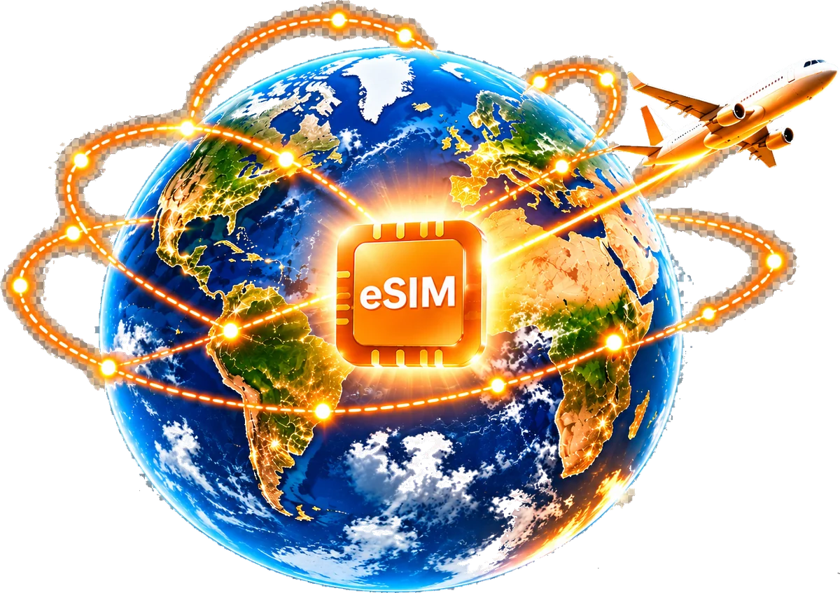 ClouSIM eSIM mit Globus und startendem Flugzeug